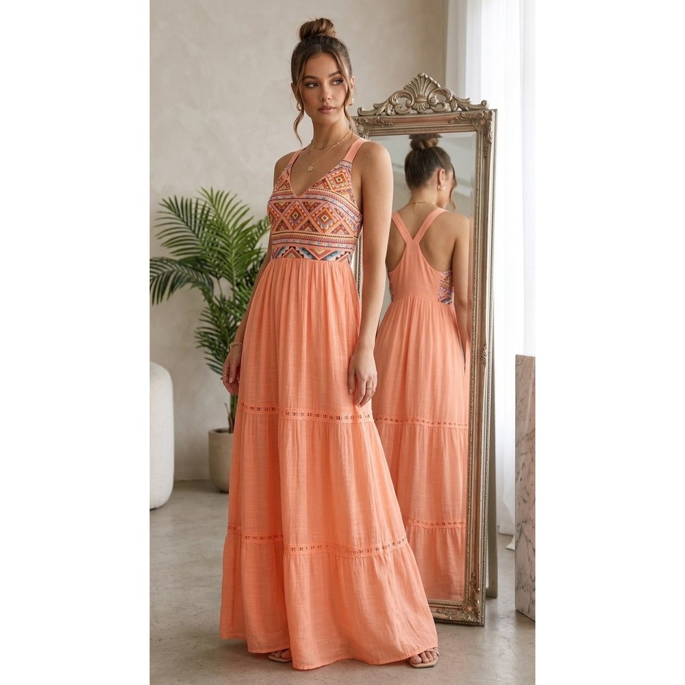 GB Coral Orange Embroidered Tribal Boho Maxi Dress Sleeveless sz Small